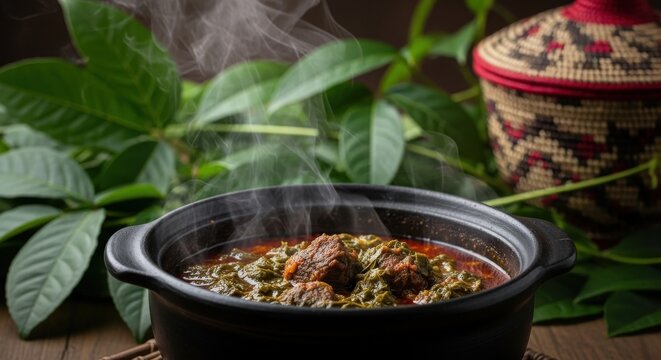 Moody and Steaming Congolese Bitterleaf Beef Stew in Black Clay Pot with Negative Space