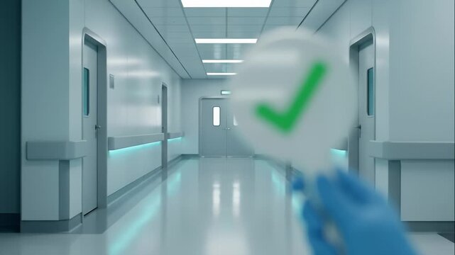 Gloved Hand Holds Check Mark in a Sterile Hospital Interior Hallway