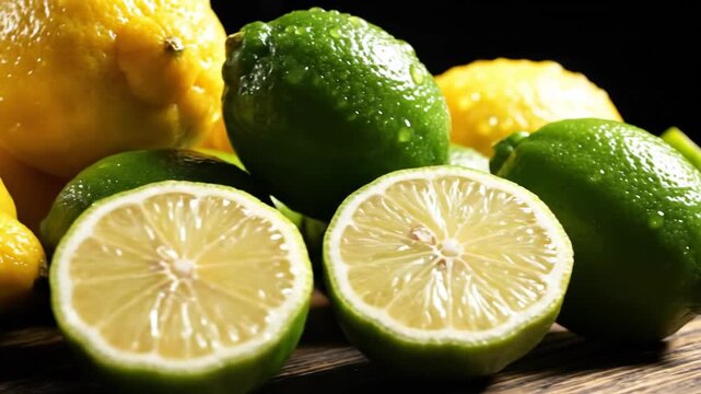 Bright yellow lemons and vibrant green limes with water droplets arranged on a dark wooden surface