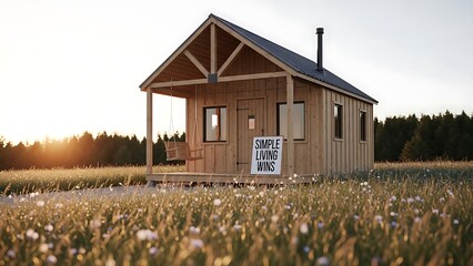 Cozy wooden cabin in a serene meadow at sunset, embracing a simple lifestyle.