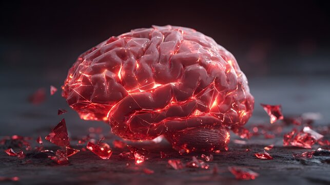 Exploding Human Brain with Glowing Red Energy and Fragments.
