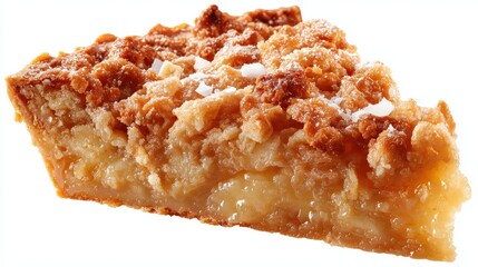 Decadent slice of streusel topped fruit dessert rests isolated on a clean white background