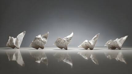 Five abstract sculptures resembling wings or feathers in a row.