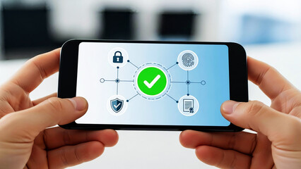 Hands holding a smartphone displaying a digital security and authentication interface