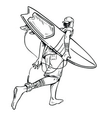 Illustration of a surfer running towards the waves.