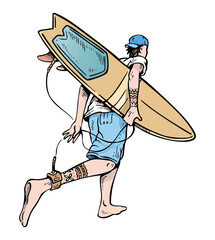 Illustration of a surfer running towards the waves.