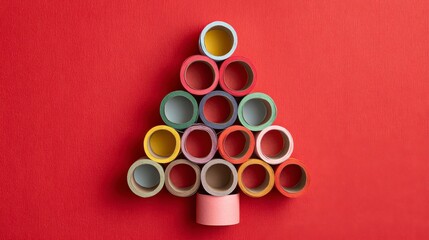 A handmade Christmas tree constructed with colorful paper tape rolls. The tree is on a vibrant red background, capturing a festive mood