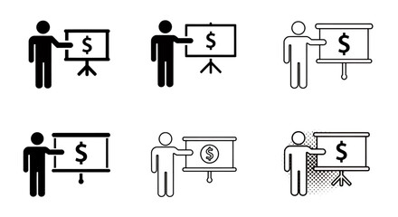 A collection of vector icons depicting stick figures presenting financial data with a dollar sign on a board, symbolizing business and economic concepts.
