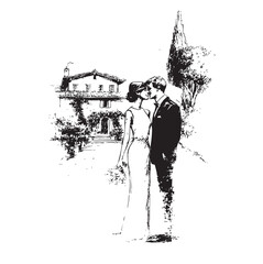 Hand drawn Italian style vintage wedding couple
