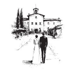 Hand drawn Italian style vintage wedding couple
