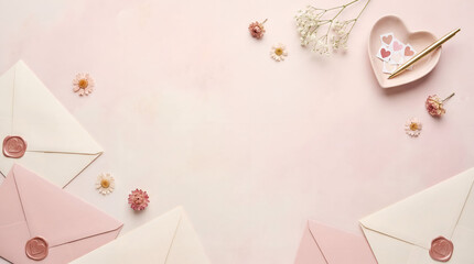 Romantic Envelopes and Flowers on Pink Background