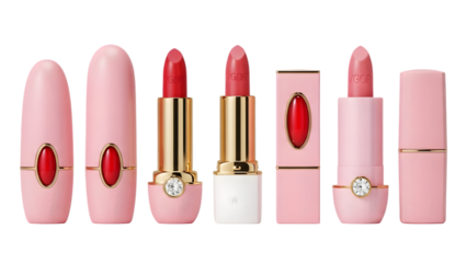 Elegant pink lipsticks with gold accents and red jewel details displayed in a row