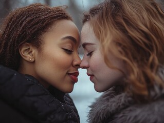 Obraz premium Winter Romance Close Up of Two Women s Faces