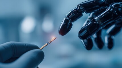 Human gloved hand presents integrated circuit to advanced robotic manipulator