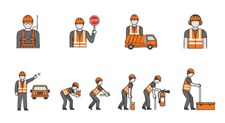 Set of construction worker icons illustrating various job tasks and safety protocols on a white background