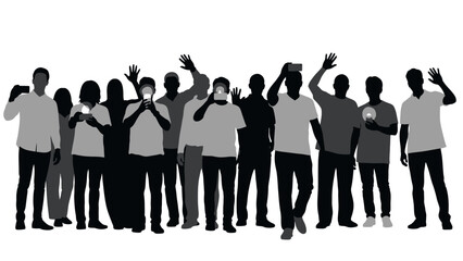 A diverse group of people silhouetted against a white background, many holding up smartphones and waving. © Adi