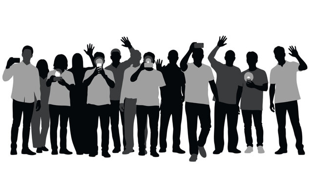 A diverse group of people silhouetted against a white background, many holding up smartphones and waving.