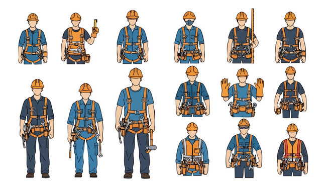 A comprehensive collection of construction workers and skilled tradesmen wearing safety gear with various tools on a plain white background vector