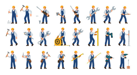 Collection of construction workers in action holding various tools and equipment against a white background