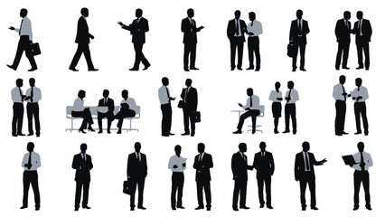 Collection of Silhouettes of Business People in Various Poses and Interactions.