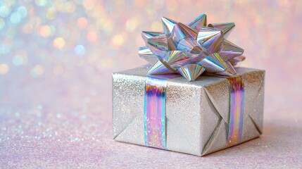 A small, shiny gift box is wrapped in iridescent paper with a matching bow, placed on a glittery background