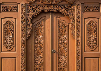 Intricately carved traditional wooden double door with ornate details.
