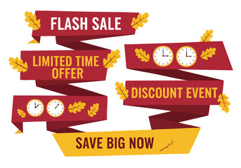 Flat design illustration of seasonal sale banners and discount offer ribbons on a clean white background for marketing promotions