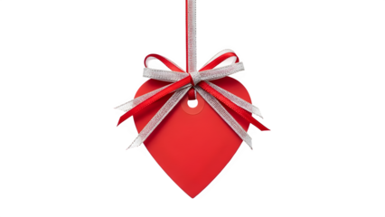 Red gift tag with silver ribbon isolated on transparent background