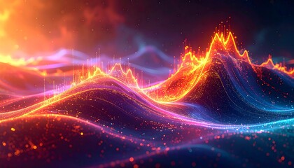Glowing digital data landscape of waves with peaks and valleys