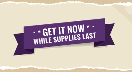 A promotional ribbon banner with urgent sales announcement on a torn paper background for marketing message visual communication