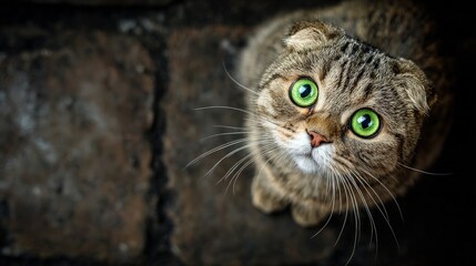 Domestic feline with strikingly bright green eyes gazes upward from dark stone background