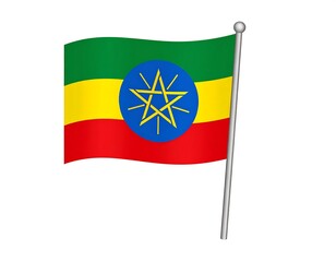 Digitally rendered image features a waving national flag. The flag displays horizontal stripes of red, yellow, and green, with a blue emblem at its center
