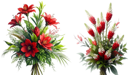 Two beautiful floral arrangements featuring lush green foliage and vibrant red and white tropical flowers