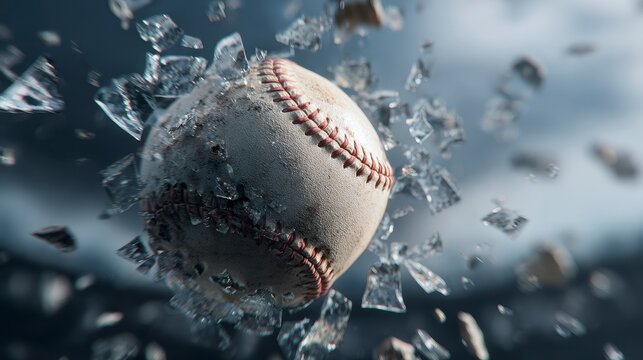 A baseball breaks through glass in dynamic fashion.  The ball, with red stitching, is central. Chunks of shattered glass surround. Cloudy sky background
