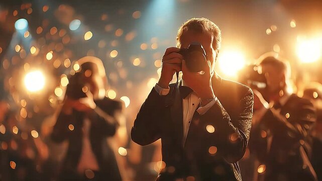 Paparazzi Photographers Capture Celebrity on Red Carpet. Fame, Media, Entertainment Concept. Seamless Looping Animation.