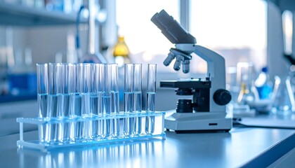 Close-up of clear test tubes and microscope in modern laboratory setting with precision analysis mood