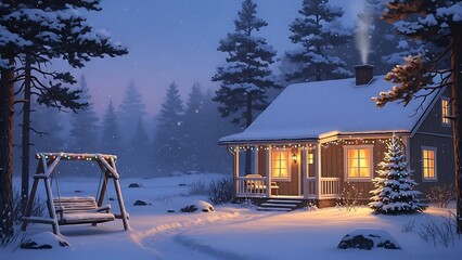 Cozy winter cabin glows with warm light amidst a snowy forest landscape at dusk.