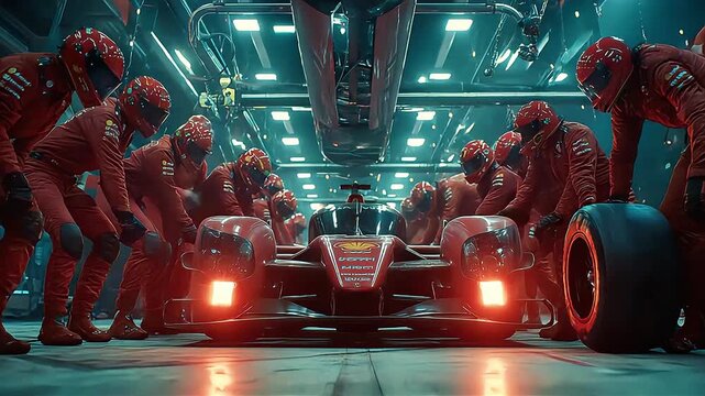 Expert Pit Crew Flawlessly Servicing a Red Formula 1 Car at High Speed During a Thrilling Race.