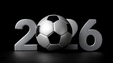 A digitally rendered silver "2026" with a soccer ball replacing the zero. A dark, reflective surface accentuates the imagery