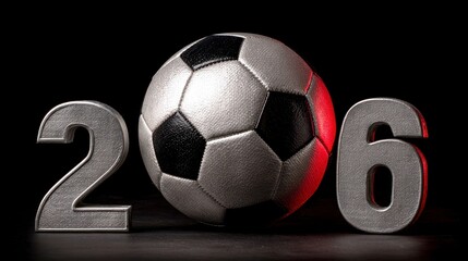 A football sits between two metallic digits representing a year, with a dark background and red highlights