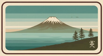Mt Fuji landscape with minimalist design snowy peak  foreground trees Birds visible
