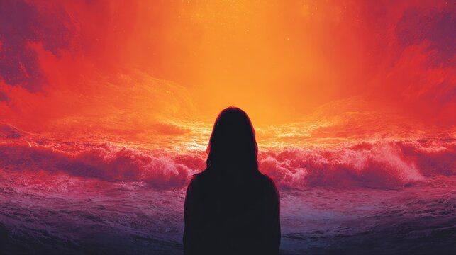 Silhouette of an individual facing a dramatically colored, turbulent ocean under an intense, fiery sky