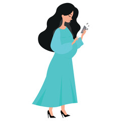 Pregnant woman, holding a phone, wearing a blue dress.
