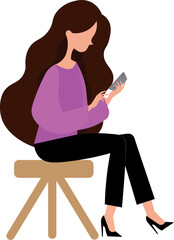 A woman is sitting on a bench, holding a phone and looking at it.