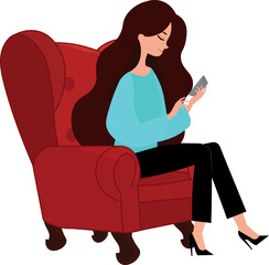 A woman is sitting on a sofa, holding a phone and looking at him.