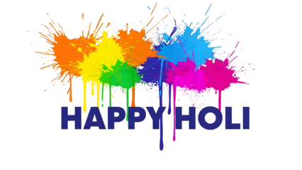 Vibrant Holi celebration with colorful paint splatters and Happy Holi text