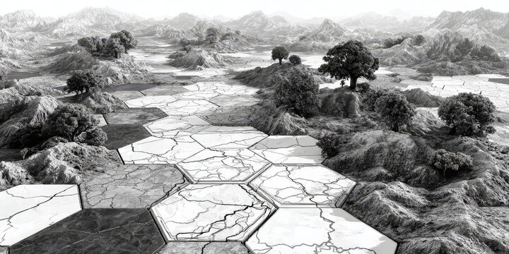 50x50 hexagonal grid in black, white, and gray with topographical lines across the pattern, illustrating elevation changes, geometric abstraction, modern design, and visual mapping concepts