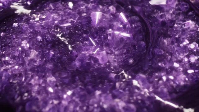 Vibrant Purple Crystal Formation with Sparkling Highlights and Dark Organic Cavity
