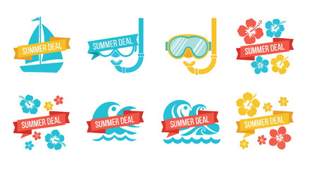 Collection of vibrant summer deal vector graphics on white background perfect for promotional content