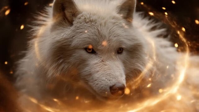 A white wolf moves through spiraling fiery rings, snowlit fur and amber embers all around in a glow